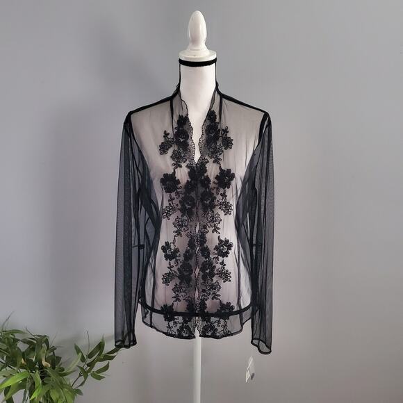 Bloomingdale's Black Sheer Beaded Button Down Top 14 - Picture 1 of 8